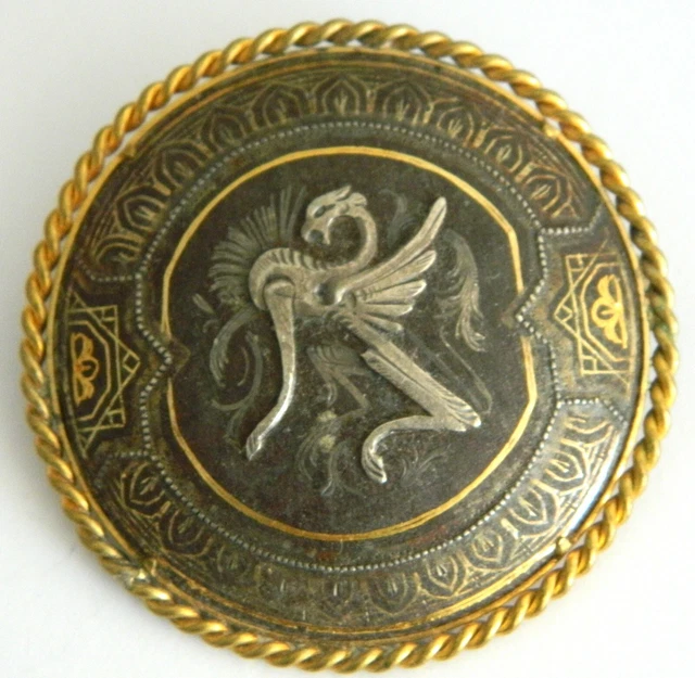 Broche Vintage Ovale Damasquinée De Tolède - Laiton Doré Et Noir, Style Ésotérique