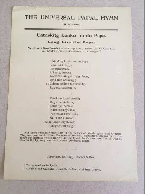 1908 NEZ PERCE Language PAPAL HYMN ~ JESUIT ~ Native American antique