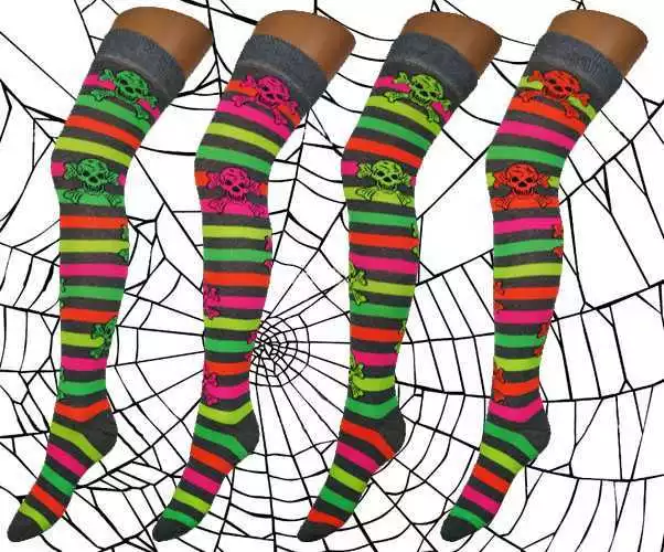 Ladies Halloween Neon Skull & Cross Bones Marl Grey Stripe Over the Knee Socks