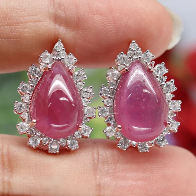11x16 MM Rot Rubin Birne Cab & Weiß Kambodscha Zirkonia Ohrringe 925 Silber 2
