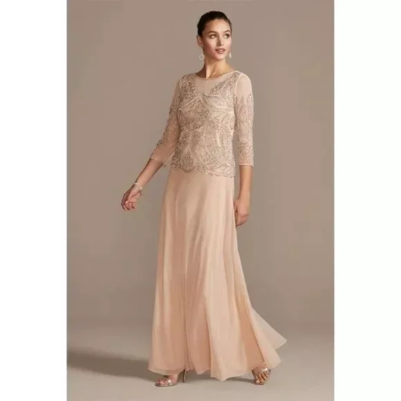 Pisarro Nights D1545 Embellished Mesh Gown High Neck 3/4 Sleeve Blush Pink