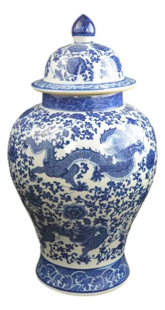 20" Classic Blue and White Porcelain Dragon Temple Ceramic Jar Vase, China Mi...