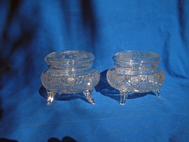Vtg Cut Crystal Footed Dresser Set Hair Receiver Powder Jar Etched Glass Vanity