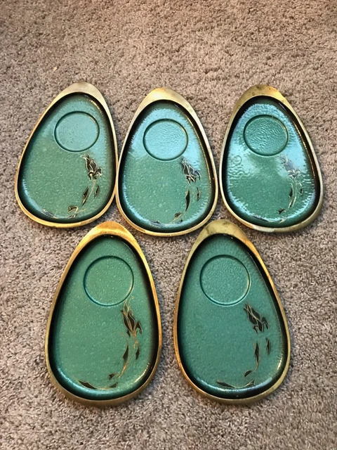 Set of 5 vtg. Oppenheim burnished brass enamel trays