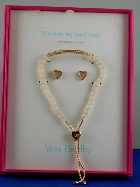 Vera Bradley Rose Gold Semi-Precious Peach Beaded Bracelet Heart Earrings Set