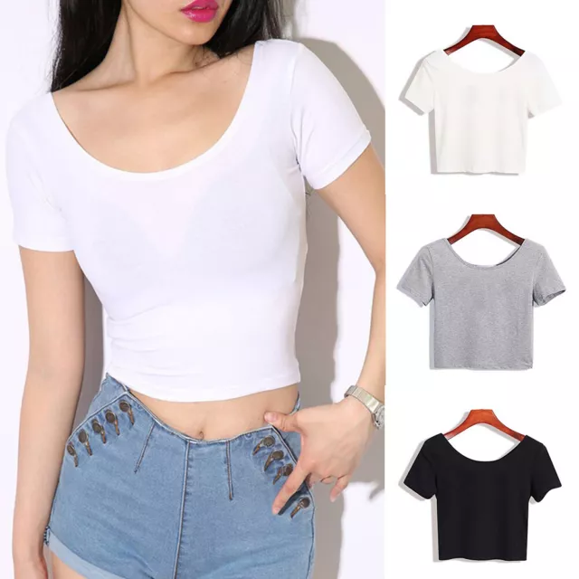 Womens Short Sleeve Crop Top Ribbed Sexy Button Low-cut T Shirt