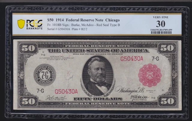 US 1914 $50 FRN Chicago Red Seal FR 1018b PCGS 30 VF (430) US 1914 $50 FRN Chicago Red Seal FR 1018b PCGS 30 VF (430)