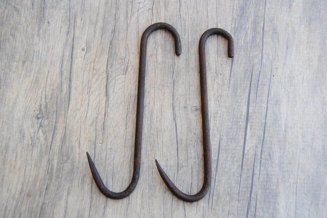 2pcs Vintage large blacksmith forged S meat butcher hanging hook farm decor tool