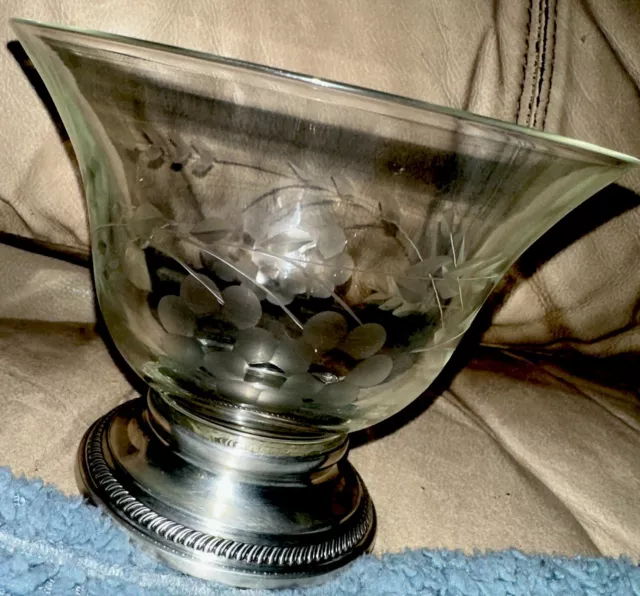 Vintage Wallace Sterling Silver Rim Etched Glass Bowl ￼