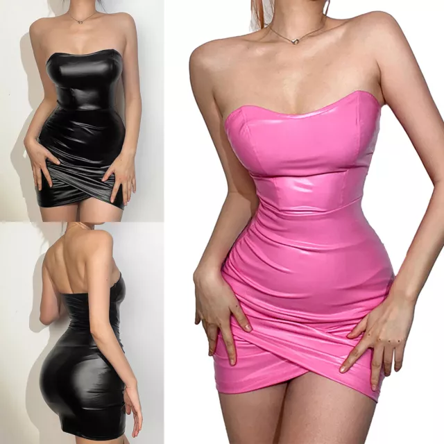 Sexy Women's Mini Dress Wet Look Leather Bodycon Night Cocktail Party Clubwear