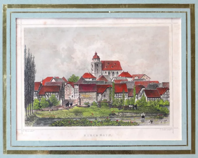 Historische Ortsansicht Kirchhain, Hessen. Alter kolorierter Stahlstich um 1850.