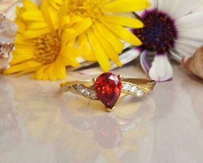 2CT Lab-Created Pear Cut Red Ruby & Diamond Halo Ring 14K Yellow Gold Finish