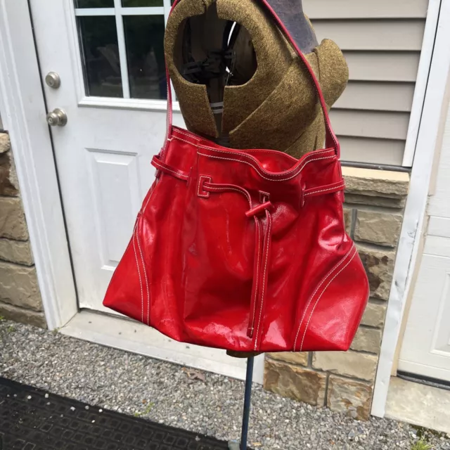 Nordstrom Classic Handbag Womens Red Patent Leather Hobo Drawstring Made Italy