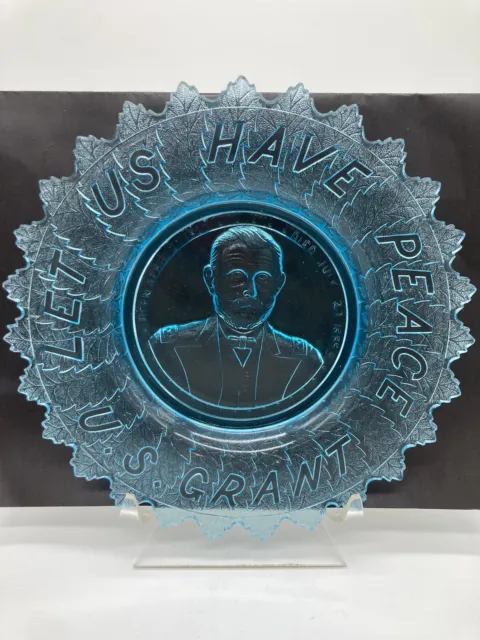 Antique US Grant Glass Plate EAPG Stunning Blue Clear " Let Us Have Peace" c.188