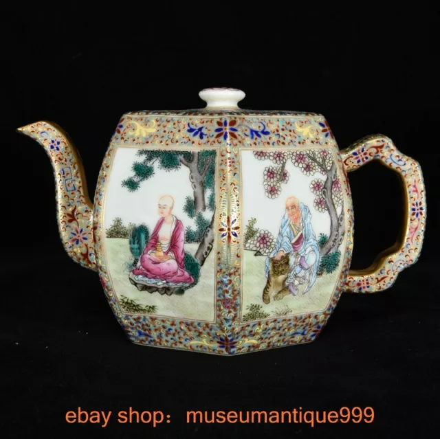 6.8" Qianlong Marked Chinese famille Porcelain Arhat Damo Wine Tea Pot Flagon