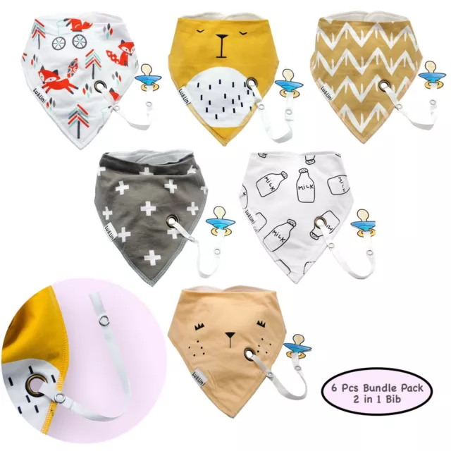 6 Baby Infant Toddler Cotton Bandana Bibs with Pacifier & Dummy Clip