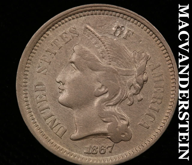 1867 Three Cent Nickel- Lustrous Scarce High Grade #R644