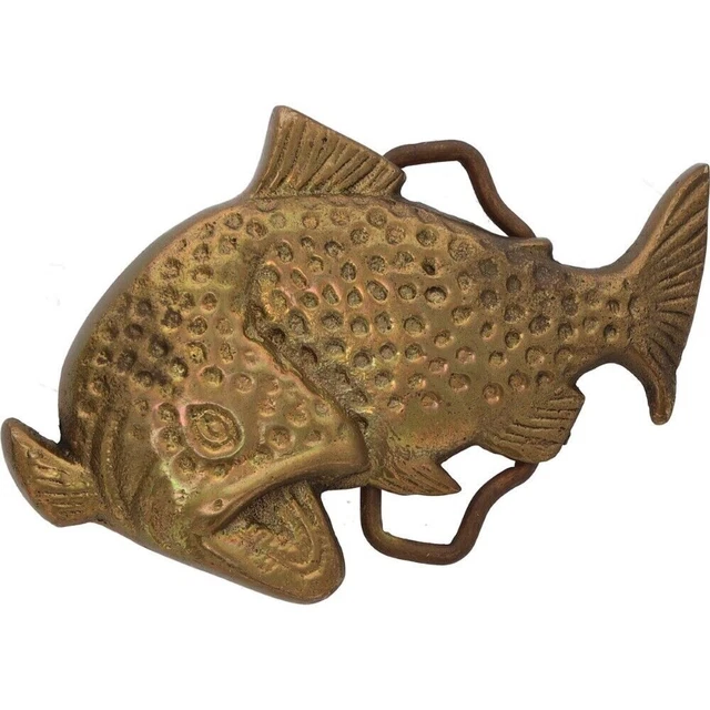 Brass Fly Fishing Rainbow Trout Fish Fisherman Western 1970s Vintage Belt Buckle