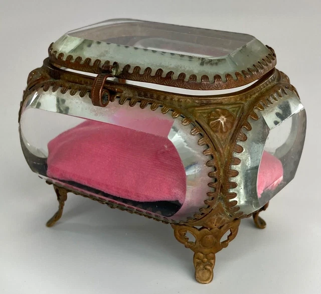 Antique Victorian Jewelry Casket Beveled Glass in Brass Frame Ormolu Filigree