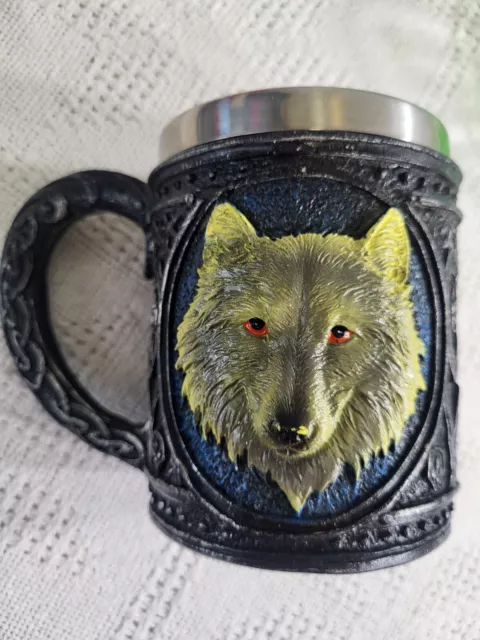 UNMARKED BLUE ALPHA Gray Wolf Mug Stainless Steel Rim Resin 18oz Cup ...