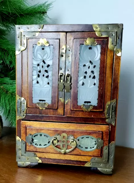 Vintage Chinese Jewelry Box Cabinet Ornate Brass Jade Inlay Stone