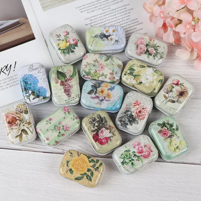 Mini Flower Tin Trinket Jewelry Coin Box Tinplate Storage Case Small Rectan*xd
