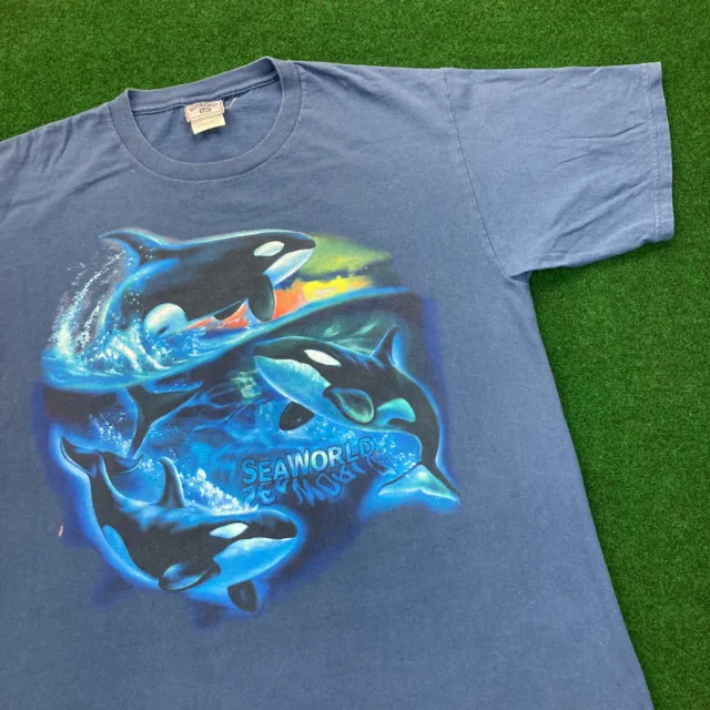 Vintage Sea World Shirt Mens L Blue Orca Killer Whale Nature Ocean Logo 90s Tee