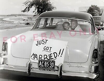 Vintage Old 1950s Photo reprint Just Married Car & African American Black Couple