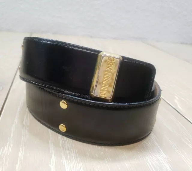 Vintage Moschino 28K Gold Redwall Italy Black Leather Belt Women's 28" 29" 30"