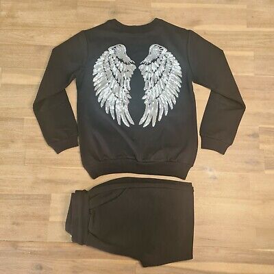Girls Angel Wings Black Lounge Set / Outfit. Ages 3-12 Years. NEW