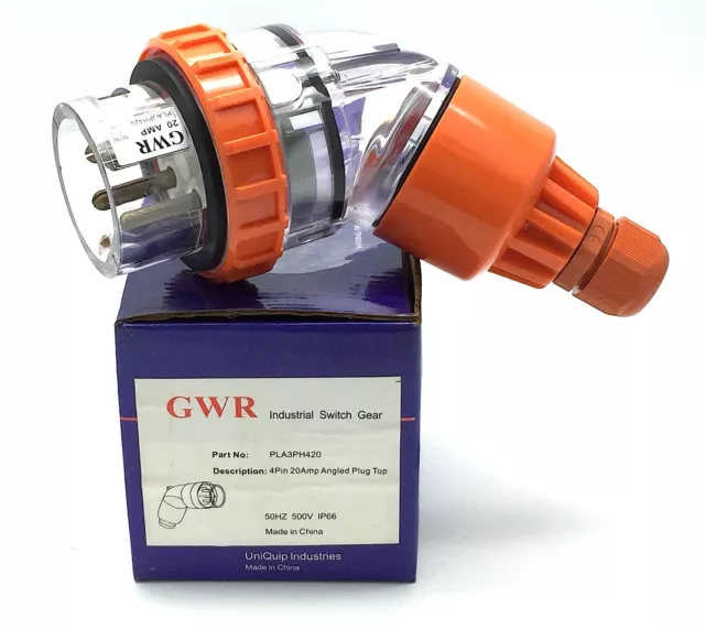 GWR Plug Angled Top PLA3PH420 Industrial Switch Gear 4 Pin 20A 500V 50Hz IP66