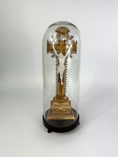 Antiker Glassturz mit Standkreuz Glas Dom Haube Kruzifix Porzellan Holz Glocke
