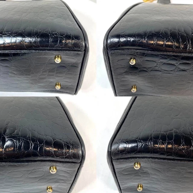 Rare Longchamp Leather Handbag Tote Bag Croc Embossed with Gold Charm Black 9