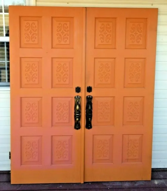 Antique Double Front Entry Orange Wooden Doors & Security Doors Mid-Century Rare