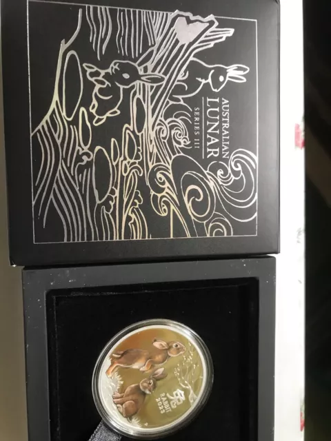 2023 $1 Year of the Rabbit 1oz Silver Proof Coloured Coin Perth Mint. COA