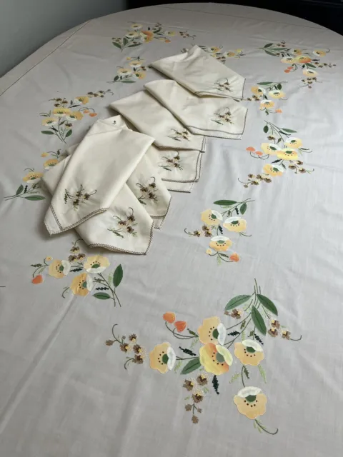 Vintage Hand Embroidered Tablecloth & Napkins ~ Large~Appliqué