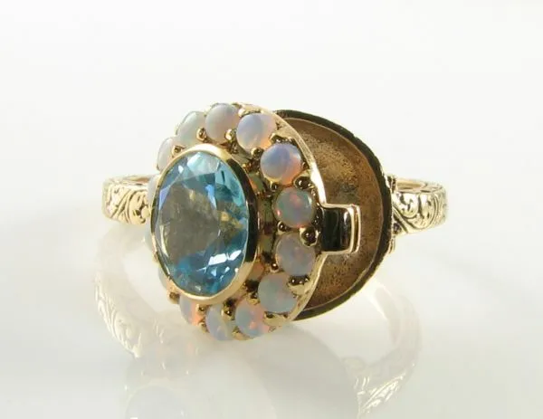 Locket 9K 9Ct Gold Sky Blue Topaz Opal Art Deco Ins Poison Ring Free Resize