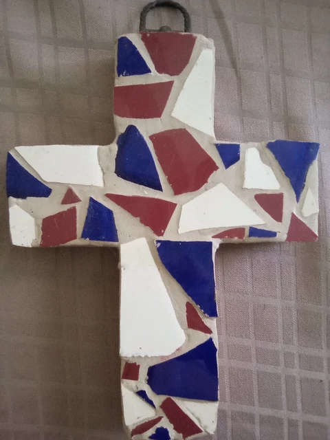 MOSAIC CERAMIC TILE CROSS On WOOD 8" x 6" x 1" HANDMADE