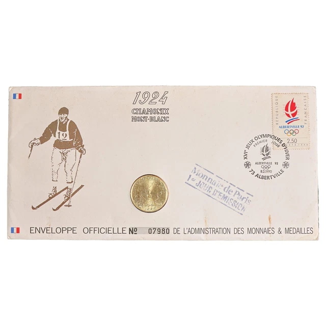 Enveloppe Officielle Timbrée + Médaille - Jeux Olympiques Albertville 1992 - Excellent état