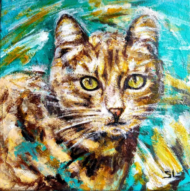 Peinture portrait chat tigré moderne Tableau acrylique chaton tête regard félin