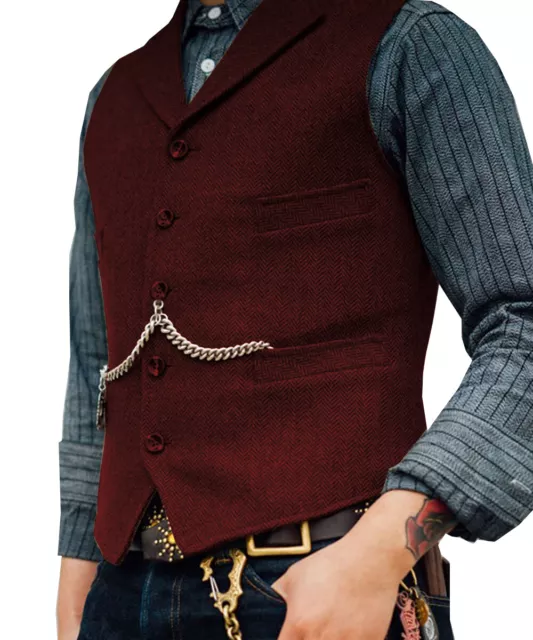 Retro Formal Mens Vintage Tweed Waistcoat Vest Herringbone Lapel Groom XS-3XL