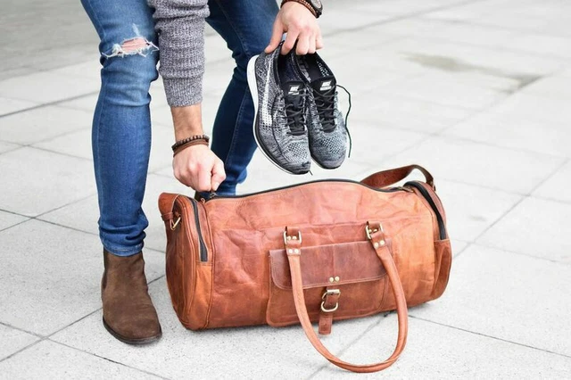 Old Real Brown Leather Duffle Bag Sports Gym bag weekend Travel AirCabin Luggage