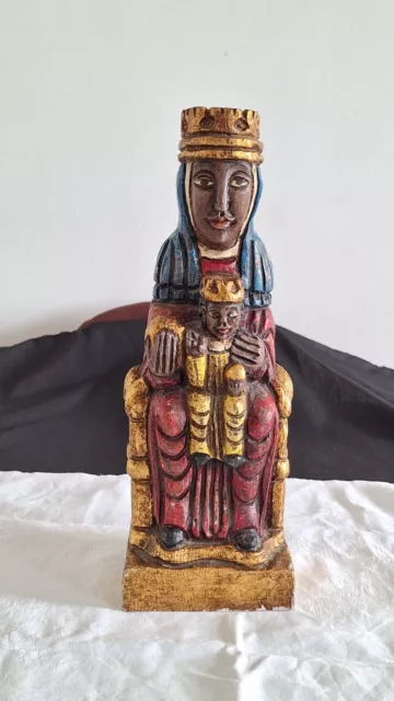 Vintage Hand Carved & Painted Wooden Statue Of Mary With Jesus Child