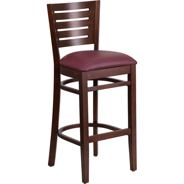 Darby Series Slat Back Walnut Wood Restaurant Barstool - Burgundy Vinyl Seat