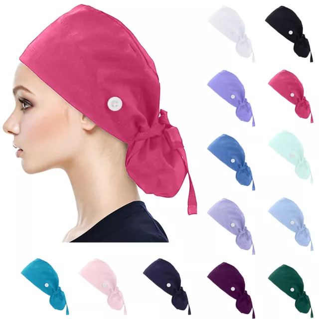 Solid Scrub Cap With Buttons Bouffant Hat With Sweatband for Womens and Mens