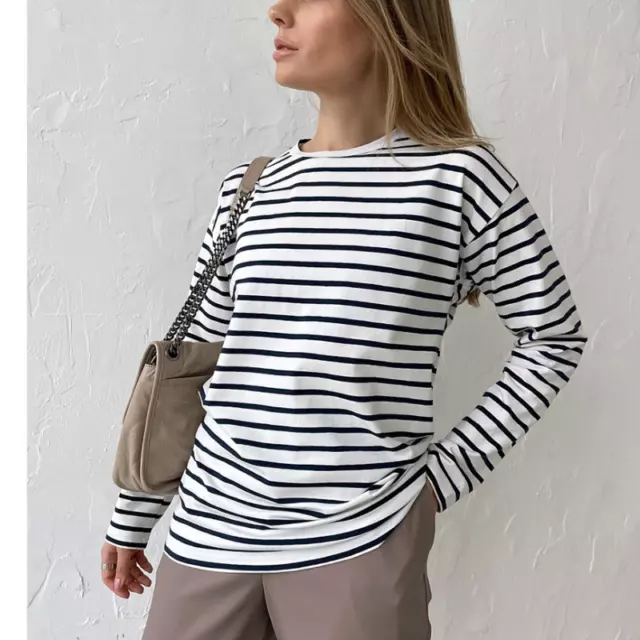 Women's Spring Fashion Casual Crewneck Cotton Tops Long Sleeves Striped T-Shirt