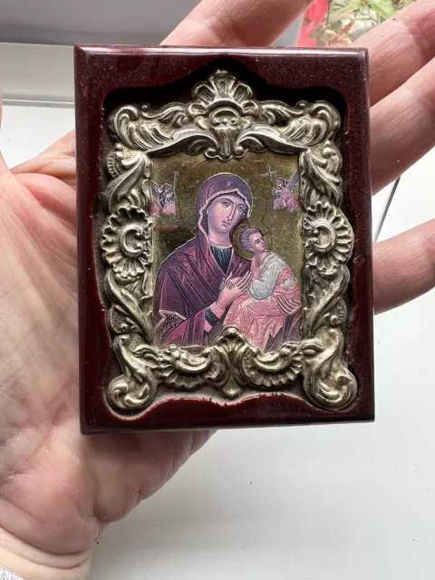 Beautiful  Small Byzantine Greek Silver Icon, 950 silver, On Solid Wood And Base