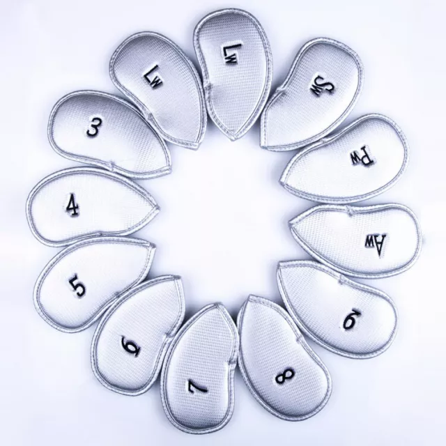 12Pcs Golf Iron Head Covers Set PU Leather Silver Headcover Universal Protective