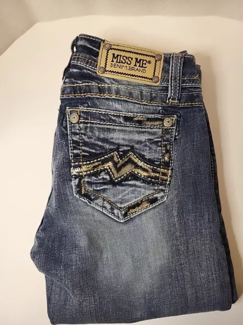 MISS ME Women's Denim Embellished Rhinestone Low Rise Boot Cut Blue Jeans 26