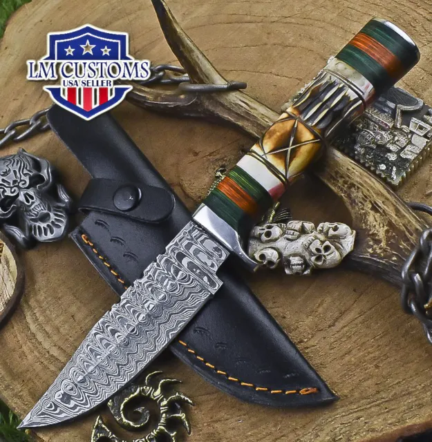 Custom Hunting Skinner Knife Rain Drop Damascus Bone Steel Guard Decoration